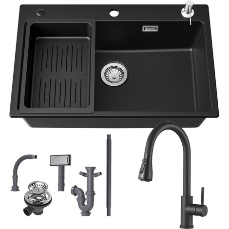 CECIPA MAX Lavello da cucina in granito 70 × 45 cm + rubinetto da cucina estraibile, lavello da appoggio con scolapiatti e dispenser di sapone (1/5)