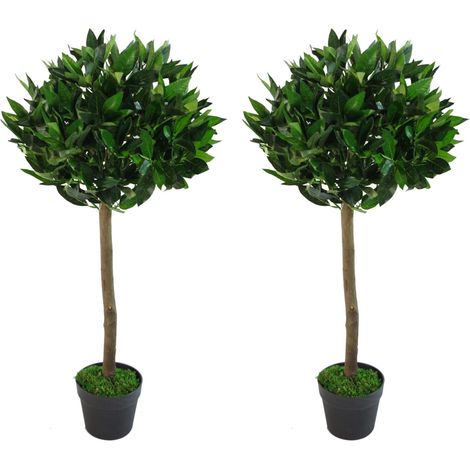 Pair of 90cm (3ft) Plain Stem Artificial Topiary Bay Laurel Ball Trees (1/5)