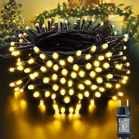 Lichterkette Weihnachtsbaum - 10M 100 LED Warmweiß Lichterkette Außen Strom mit Timer Speicherfunktion, Grünes Kabel, Wasserdicht 8 Modi Weihnachtsbeleuchtung für Garten Weihnachten Deko (1/5)