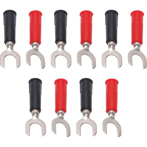 Prise banane en cuivre nickelé revêtue de PVC avec jack 4 mm à son extrémité, rouge et noire, vendue par lot de 5 (J.20020). (1/5)