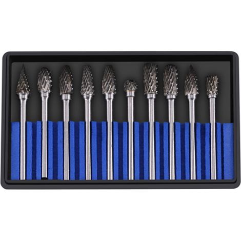 Juego de 10 limas rotativas de acero de carburo de tungsteno con vástago de 3 mm y diámetro de cabeza de corte de 6 mm para amoladoras y taladros rotativos (doble patrón). (1/5)