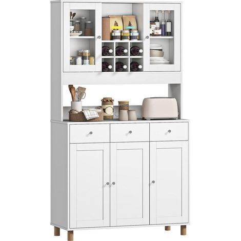 Pour une Cuisine Ordonnée Buffet Haut 180 cm Vaisselier Blanc 2 Portes Vitrées 3 Tiroirs et Étagères Réglables (1/5)