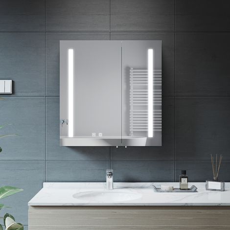 ELEGANT Bathroom LED Mirror Cabinet with LED 2 Door Soft Close Large Mirrored Cabinet Wall Mounted with Shaver Socket Demister Pad 630x650x130mm (1/5)