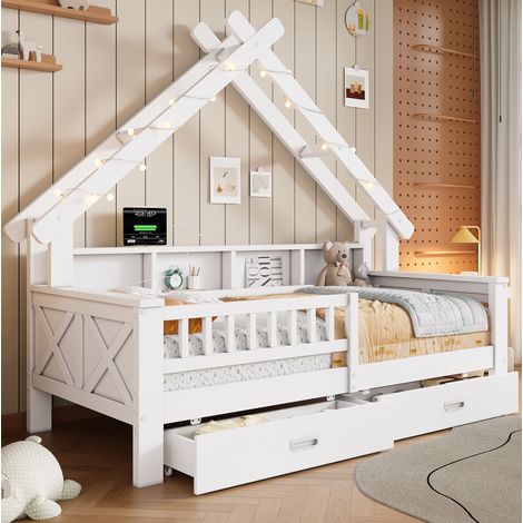MODFU – Cama tipo cabaña infantil 90x200 cm de pino/MDF con LED, compartimentos, 2 cajones, barandilla y somier de 11 lamas – Blanco (1/5)
