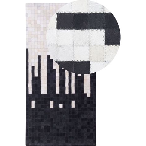 Alfombra de piel de vacuno blanco y negro 80 x 150 cm rectangular patrón abstracto geométrico hecha a mano Bolu