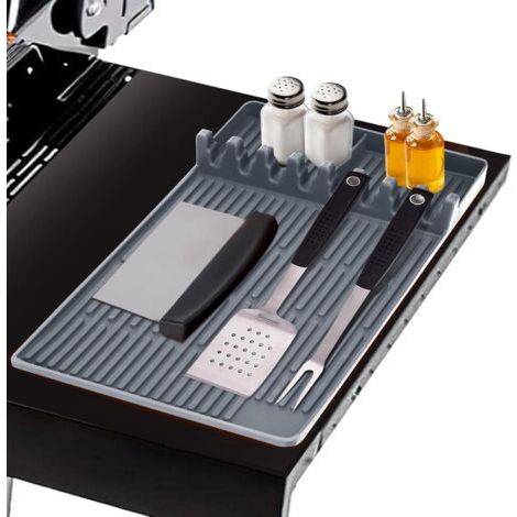 Tapis de Cuisson Barbecue 40 30 cm, Ustensiles Barbecue Compatible avec Grille à Gaz, Tapis de Spatule en Silicone Tapis d’Etagère Latérale pour BBQ Grills Comptoirs (Gris - Épais)