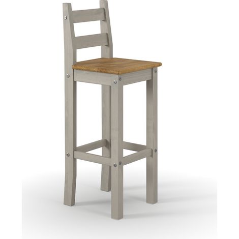 High Breakfast Bar Chair (Set of 2) - Pine - L39.8 x W38 x H107 cm - Grey/Antique Waxed Pine - Flat Packed