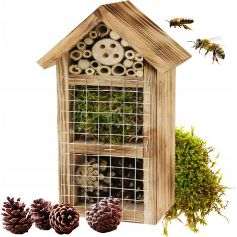 Hôtel à insectes en bois pour abeilles maçonnes, 3 compartiments, 19 x 9 x 28 cm (1/5)
