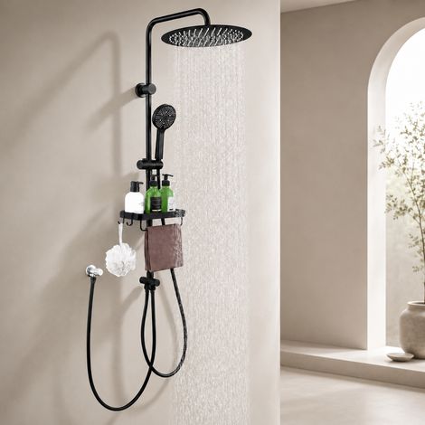 Aihom – Colonne de douche sans robinet en acier inoxydable – Douche de tête 30x30 cm effet pluie – Barre réglable et douchette 5 jets – Étagère de rangement intégrée