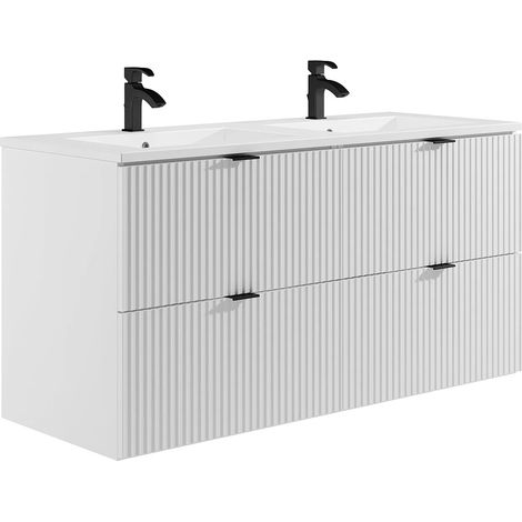 Mobile per bagno sospeso con scanalature con lavabo da incasso - Bianco opaco - 120 cm - ZEVINI (1/5)