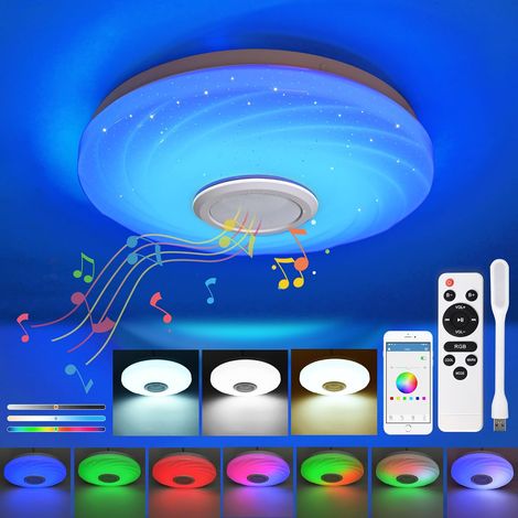 Plafonnier LED Couleur Bluetooth RGB 36W Chambre Enfant Telecommande Dimmable Ado Connecté+Lampe USB Luminaire Lustre sans Percer Adulte Fille Salon Ceiling Light avec Haut-Parleur Contrôle APP Ø28CM (1/5)