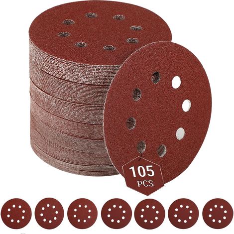 105 Disques Abrasifs 125 mm – Disques de Ponçage Ronds à 8 Trous – pour Ponceuse Excentrique (Grains 40/60/80/120/180/240/320, 15PCS chacun) (1/5)