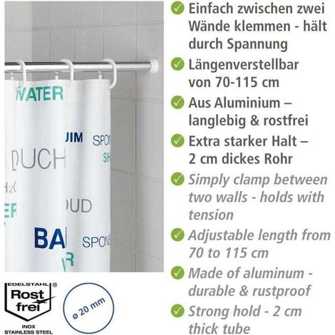Tringle rideau de douche télescopique brillant, Barre de douche extensible, fixation sans perçage par torsion, aluminium inoxydable - embout en caoutchouc, Ø 20 mm x 70 - 115 cm