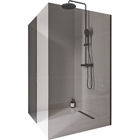 Walk-In Dusche Bernstein EX102-2 10mm Nano Graues Glas 2 Glaswände Edelstahlprofil Schwarz matt Frontelement 70cm Seitenelement 100cm ohne Bodenprofil