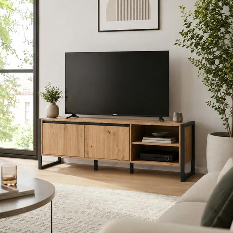 Meuble TV effet chêne 2 portes 2 niches ALVA (1/5)
