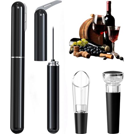 Cavatappi, cavatappi con pompa ad aria, set apribottiglie portatile 4 in 1, include cavatappi ad aria compressa, tagliacapsule, versatore per vino e tappo per vino sottovuoto (nero)