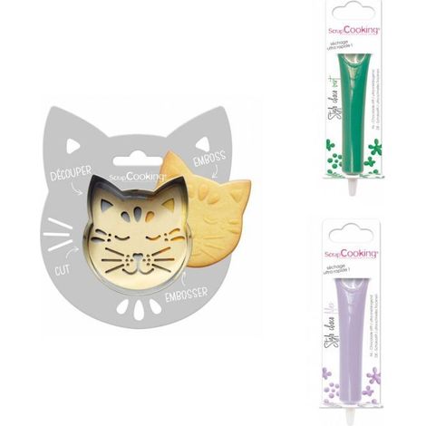 Kit pour biscuit en relief Chat + 2 Stylos au chocolat vert et lilas