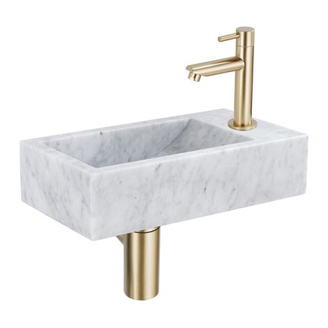 Saniclass Fuente ensemble fontaine - 40x22 - 1 trou de robinet - droite - marbre - robinet de fontaine en laiton brossé - blanc