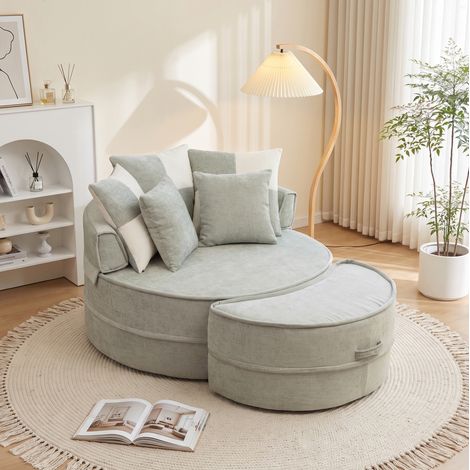 Fauteuil lounge rond 121x107x42 cm vert menthe en mousse et chenille avec ottomane et 5 coussins (1/5)