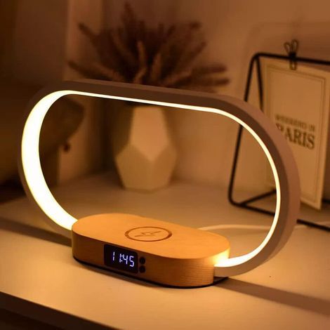 Lampe de chevet avec chargeur sans fil rapide 10 W, horloge, port USB, lampe de table de chevet, gradation continue, 3 modes de couleur (1/4)