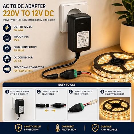 AC to 12V DC 24W 2A plug-in power supply transformer, 1m cable and female connector. Indoor IP20 installation, for LED strip, neon or low voltage devices (1/4)
