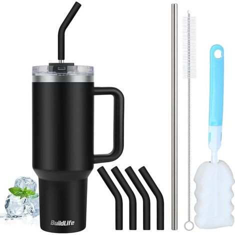 Tumbler Straw and Handle Double Wall Stainless Steel Black (1/5)
