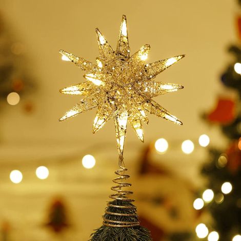 Estrella de Navidad para la cima del árbol, diseño geométrico 3D, luces LED decorativas, funciona con pilas, hermosa iluminación con base elástica para las fiestas -Crezuo
