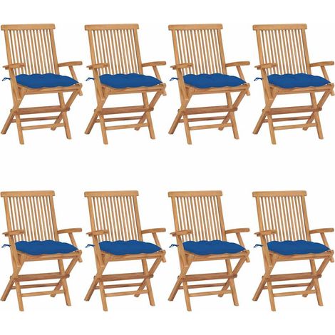 vidaXL Sillas plegables con cojines azules, 8 unidades, madera maciza de teca. (1/4)