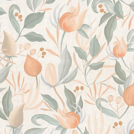 Papel pintado floral Profhome 790624 papel pintado vinílico estampado en caliente tejido non tejido ligeramente texturado con ornamentos florales mate crema blanco-perla turquesa menta naranja pálido 
