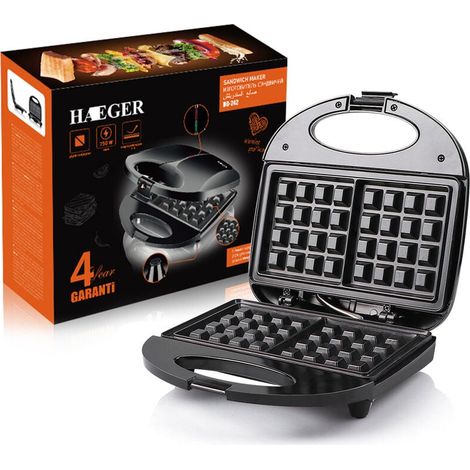 Gaufrier et croque monsieur 3 en 1 – 750W – 3 plaques antiadhésives interchangeables – Température de cuisson jusqu'à 200ºC