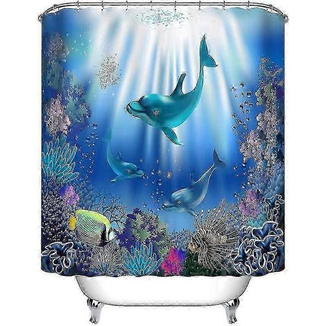 Rideau de douche Dauphins avec crochets pour 2024 - Motifs coraux, animaux, poissons et plantes du monde sous-marin - Lavable, anti-moisissures et imperméable - 180 x 200 cm (1/4)
