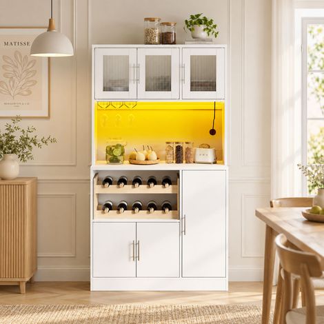 Armoire de cuisine garde-manger 100x40x180 cm, meuble haut blanc avec LED RGB, 2 prises + USB, porte-verres et casier à vin (1/5)