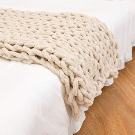 Grobstrickdecke 80 x 100 cm, handgewebte Sofadecke aus grober Wolle, maschinenwaschbare Decke aus grober Wolle – Beige (1/4)