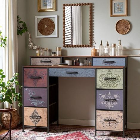 Retro Boho Frisiertisch mit 9 Schubladen, Maximale Aufbewahrung - Frisiertisch mit Spiegel und Hocker - Frisiertisch für Mädchen und Erwachsene