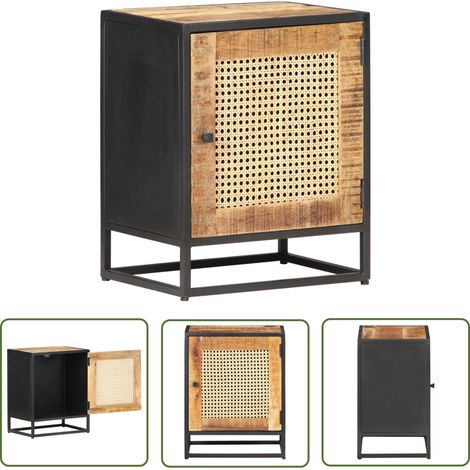 The Living Store Table de chevet 40x30x50 cm Bois de manguier et canne naturelle - Table De Chevet - Meuble Rustique - Bois De Manguier - Commode - Rangement (1/5)