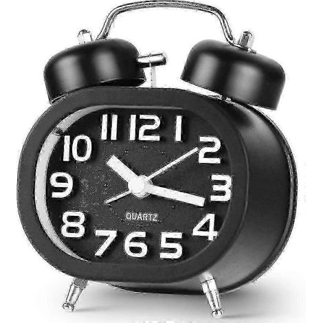 Réveil silencieux à double cloche, style rétro, fonctionnant sur piles et incluant une veilleuse, 1 unité - Noir - Quan (1/5)