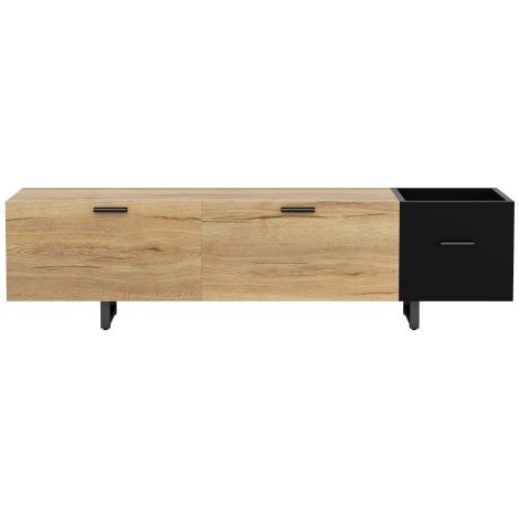 Meuble TV bois naturel et noir, niches et grands tiroirs de rangement