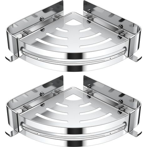 Étagère de douche d'angle – lot 2 en acier inoxydable 304 – triangulaire avec 4 crochets – rangement shampoing savon – salle de bain – Argent (1/4)