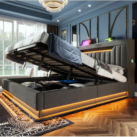DESVIAE Lit double rembourré 140 x 200 cm avec rangement tête de lit USB Type C LED gris tissu (1/5)