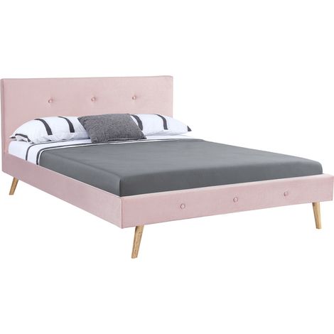 Idmarket – Lit double scandinave 140 x 190 cm – Tête de lit capitonnée – Sommier en bois MDF à 24 lattes – Effet velours rose clair (1/5)