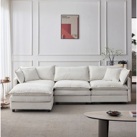 Sofá rinconero modular beige de chenilla con chaise longue y reposapiés, 3 plazas, estructura robusta