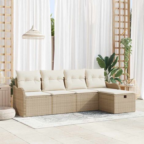 Garten-Sofa-Set mit Kissen mit Speicher 5 pcs Beige Poly Rattan