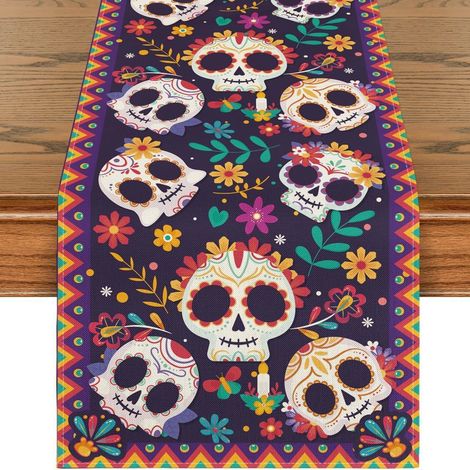 Chemin de table mexicain pour la Fête des Morts, motif floral et crânes, décoration d'Halloween pour salon et meuble TV - 30 x 180 cm (polyester) - WSJZQ-2