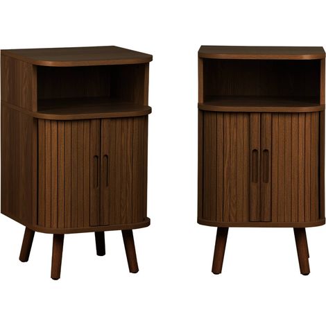 Set of 2 bedside tables with 2 sliding doors + 1 niche, grooved wood effect, walnut, Legacy, L 40 x D 40 x H 70cm