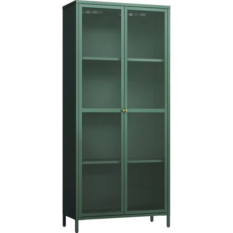 Armoire étagère meuble de rangement vitrée acier verre 180 x 80 x 35 cm vert sapin (1/5)