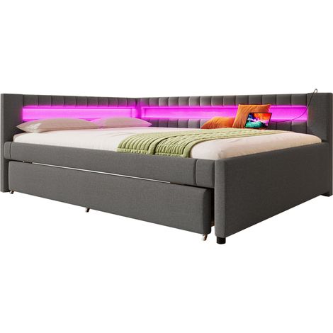 CHICFURN Cama nido 140x200 cm con cama extraíble, LED multicolor, USB + Type-C, tapizado en tela gris, sin colchón, ideal para dormitorio, salón o despacho (1/5)