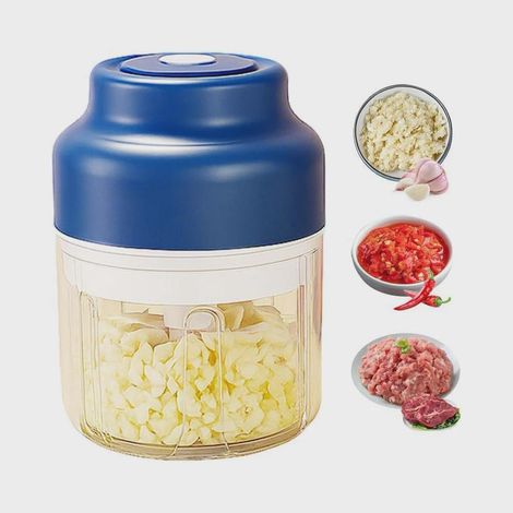Mini-Elektro-Knoblauchschneider, tragbar, per USB aufladbar, kabellose Küchenmaschine, verbesserte elektrische Gemüsemühle (Blau, 320 ml)