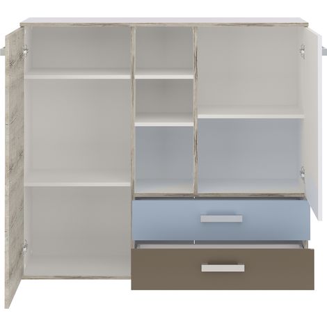 Jugendzimmer Komplett mit Schreibtisch 4-teilig LEEDS-10 in Sandeiche Nb. mit weiß, Lava und Denim Blau (1/3)