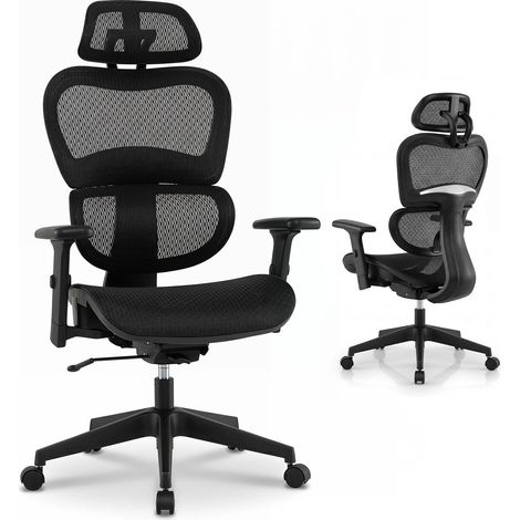 COSTWAY Chaise de Bureau Ergonomique, Fauteuil de Bureau avec Dossier et Appui-tête Réglables, Siege en Maille Respirante, Hauteur Réglable, Convient à la Maison Bureau, Lecture, Noir (1/5)