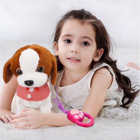 Elektrischer Plüschhund mit Leine, der sprechen, singen, nicken, mit dem Schwanz wedeln und die Zunge herausstrecken kann. Welpe an der Leine, Geschenk zur Babyparty, Puppenhund, leckender Hund. (1/5)